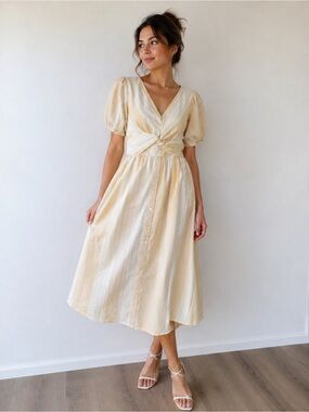Sam Edelman Striped Tie-Front Midi Dress in Cream and Pale Yellow